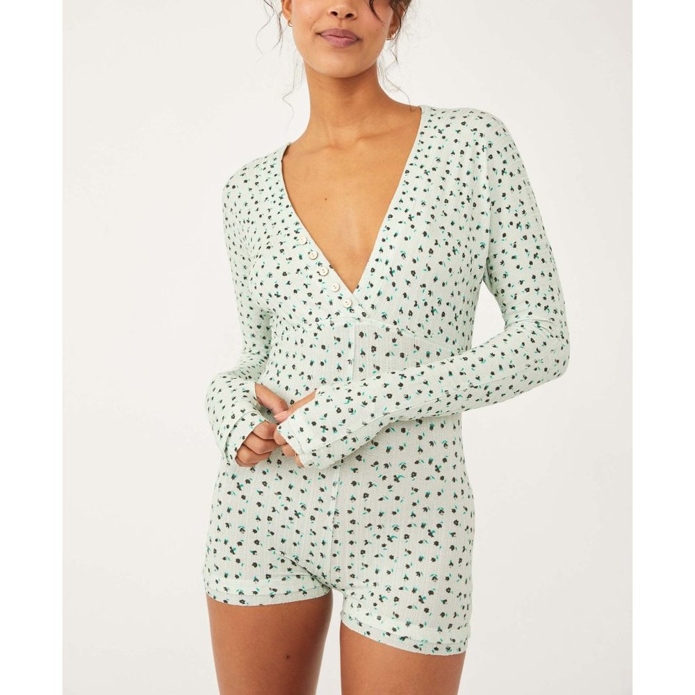 Free People Floral Pajama Romper - White and Green